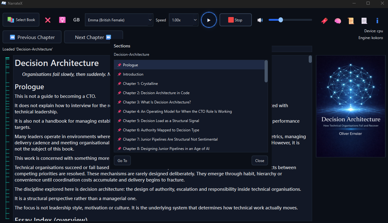 NarrateX screenshot: teal chapter spine, the Sections dialog and the voice picker during structured audio playback