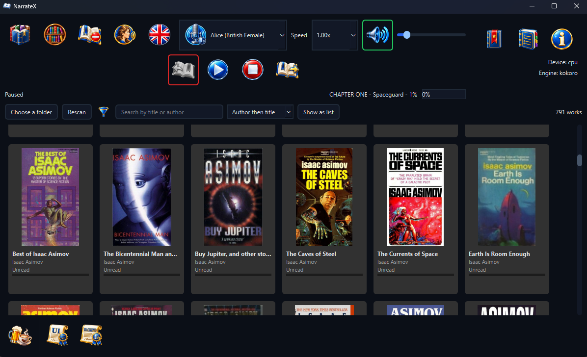 NarrateX bookshelf: a grid of book covers with each title, author and reading state beneath, under controls to choose a folder, rescan, filter by genre, search, choose the order and switch to a list